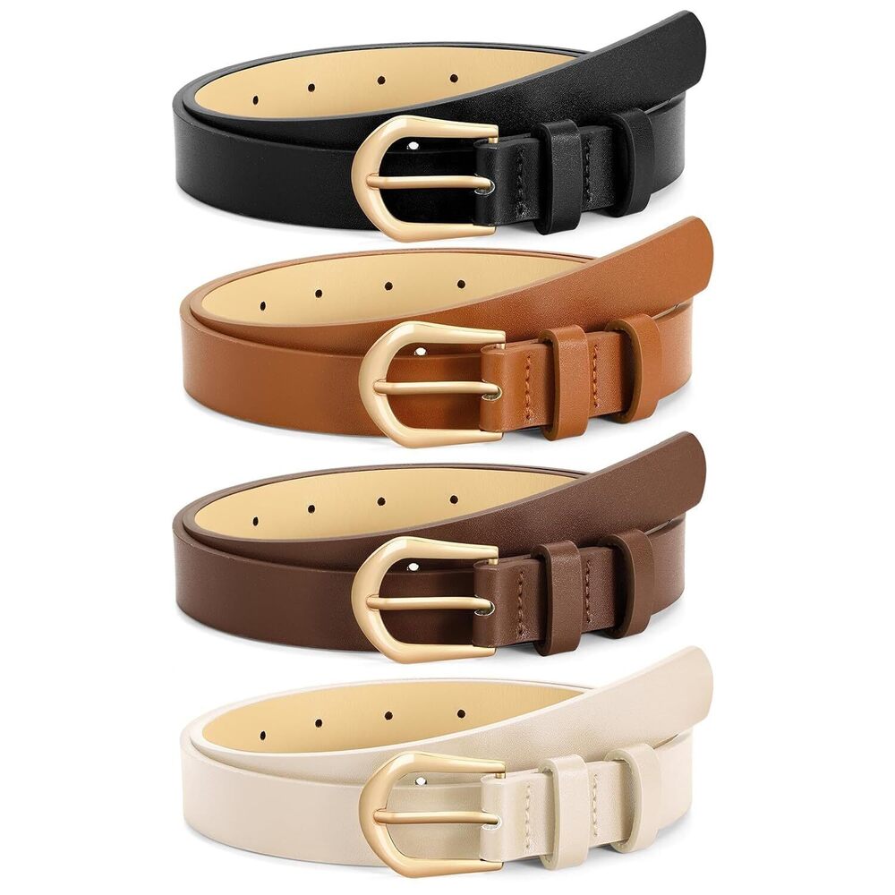 4 Pack Womens Thin Leather Belt Skinny Waist Belts for Women Fashion